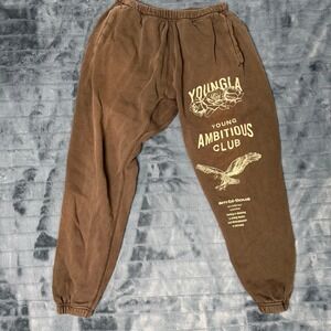 YoungLA Ambitious Club Graphic Sweatpants Mens Small Brown Joggers Rose Eagle
